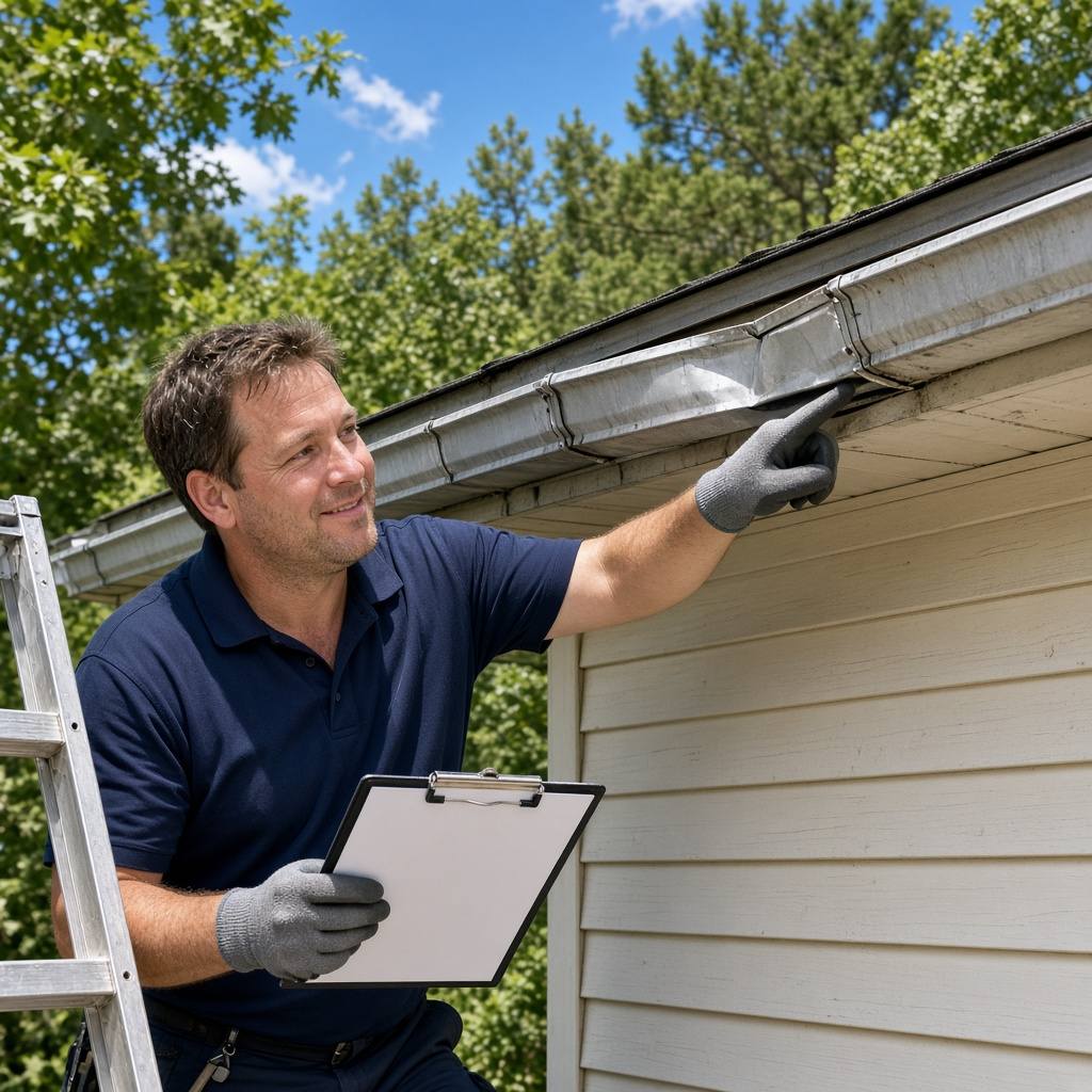 A gutter professional on a ladder assessing an older sagging aluminum gutter on a 1990s-era suburban home