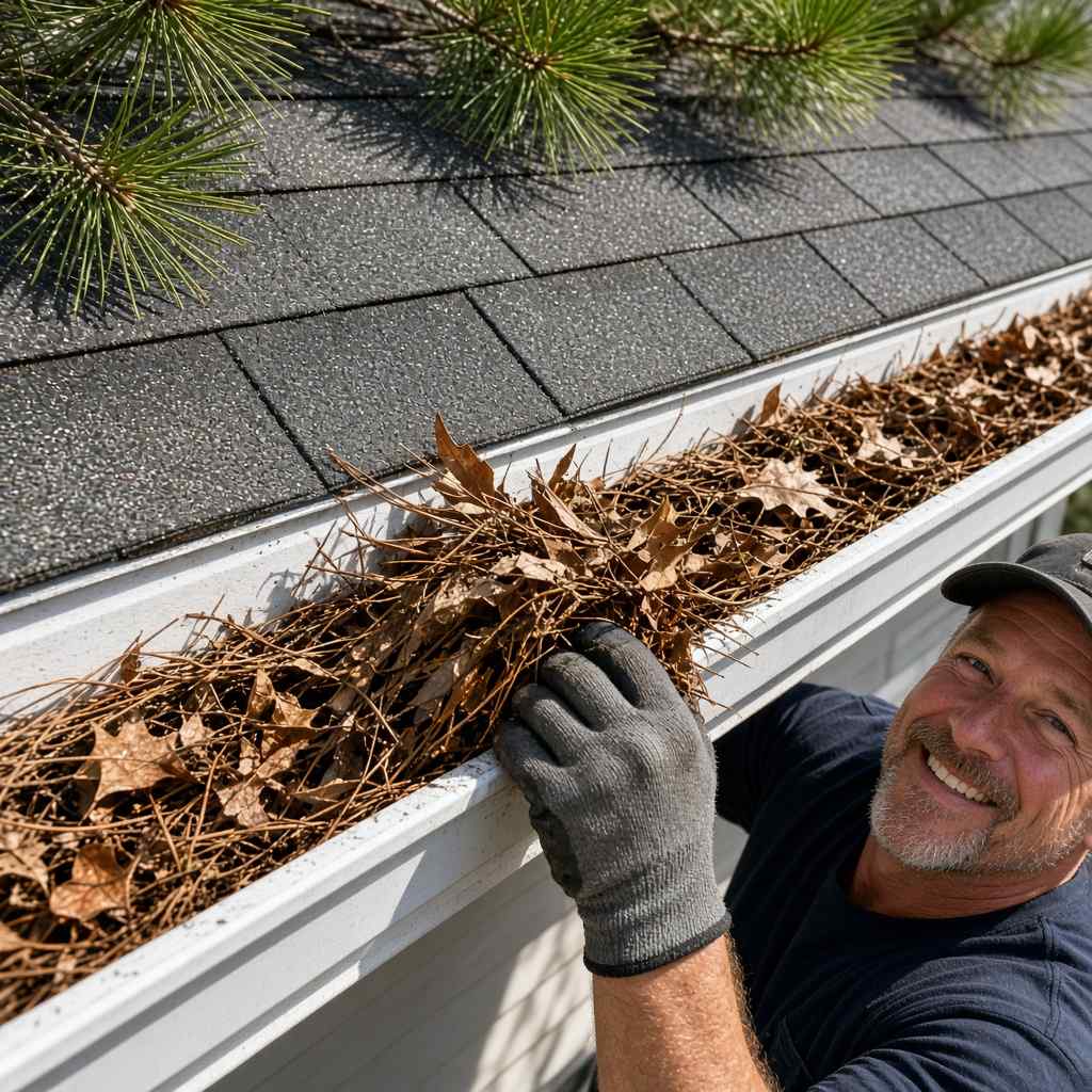 A gutter packed with a dense mat of brown pine needles and oak leaves on a suburban roofline in Matthews, NC