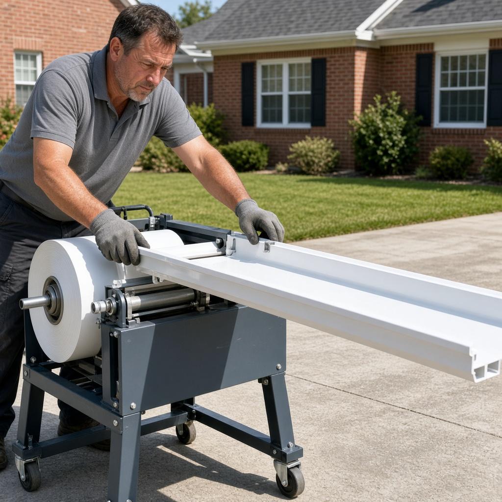A gutter installer feeding aluminum coil into an on-site seamless gutter forming machine at the curb of a Matthews home